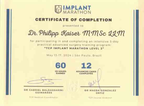 CERTIFICATE OF COMPLETION - TCP IMPLANT MARATHON LEVEL 2